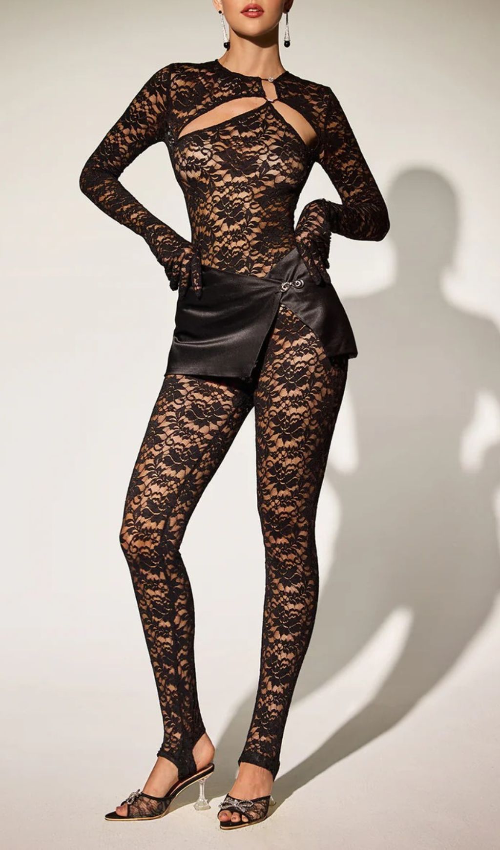 Eustace Glamour Lace Cutout Jumpsuit with Satin Mini Skirt Overlay