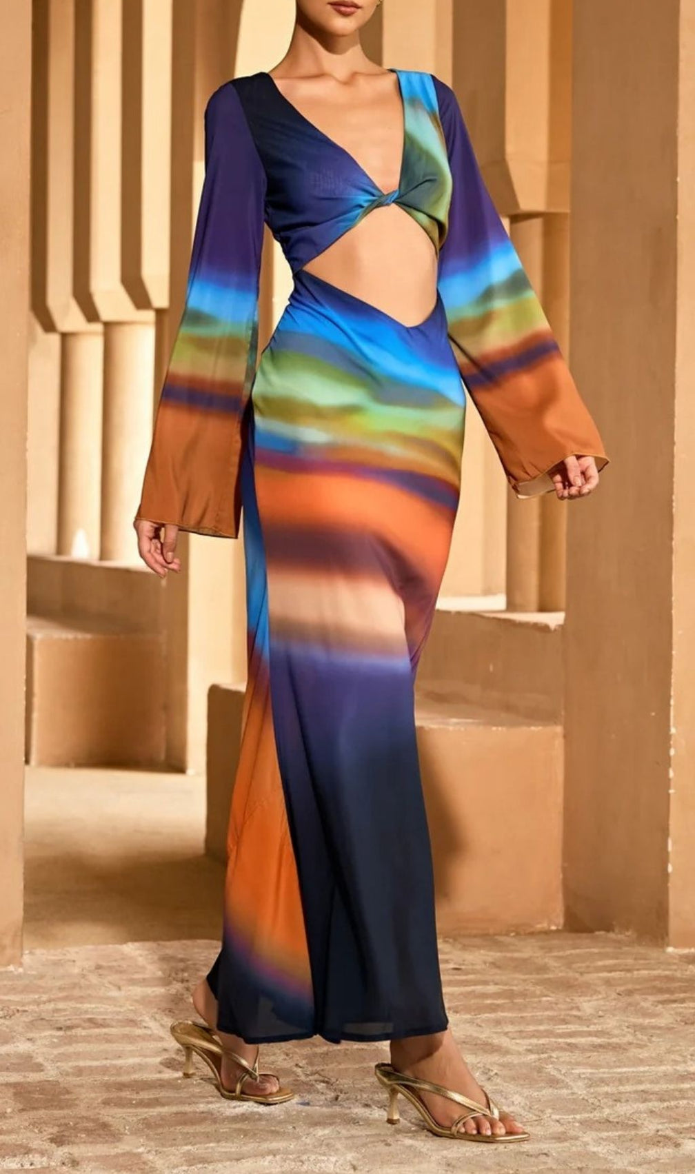 Kovra Backless Cutout Smudge Maxi Dress