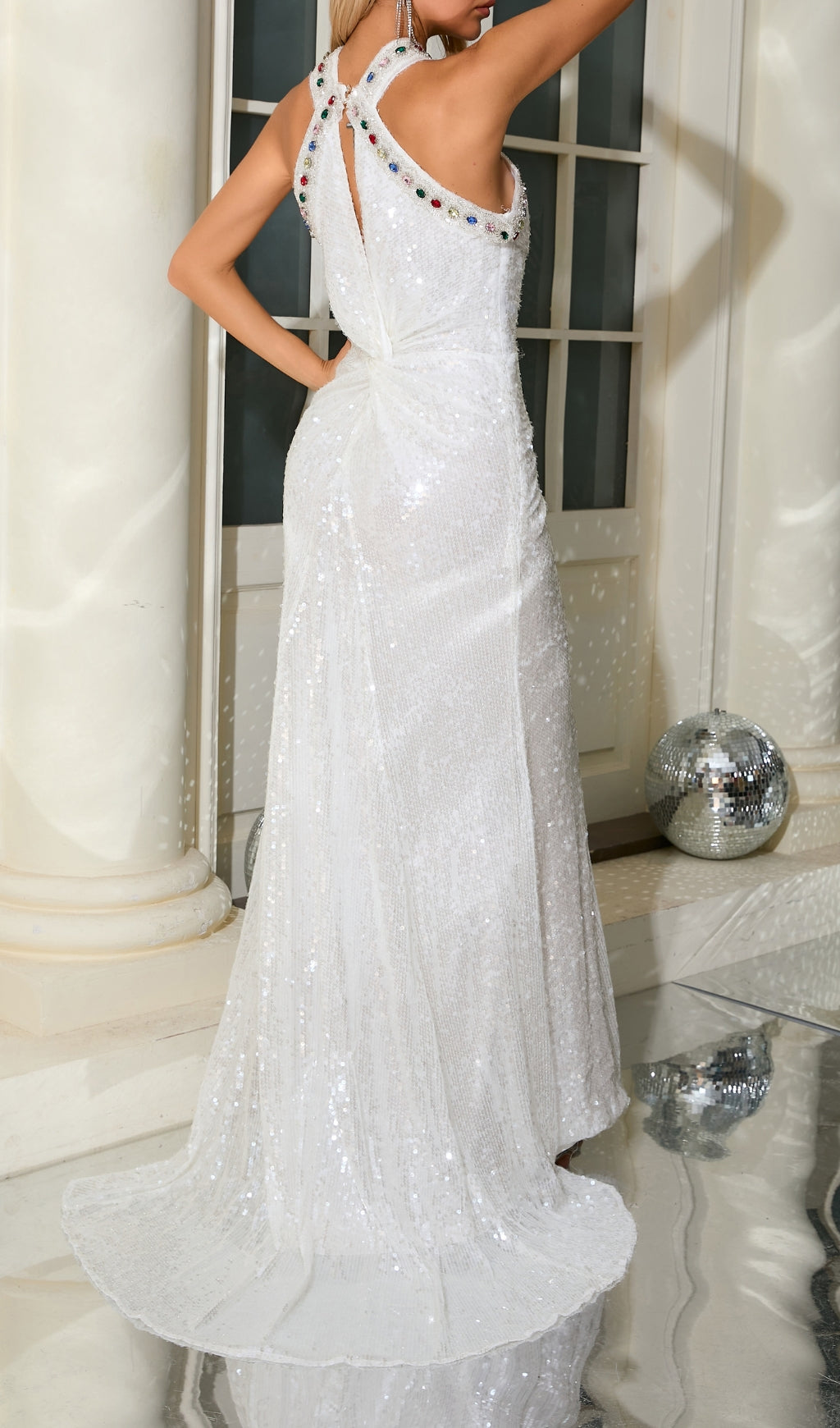 Bobbie White Halter Sequin Maxi Dress