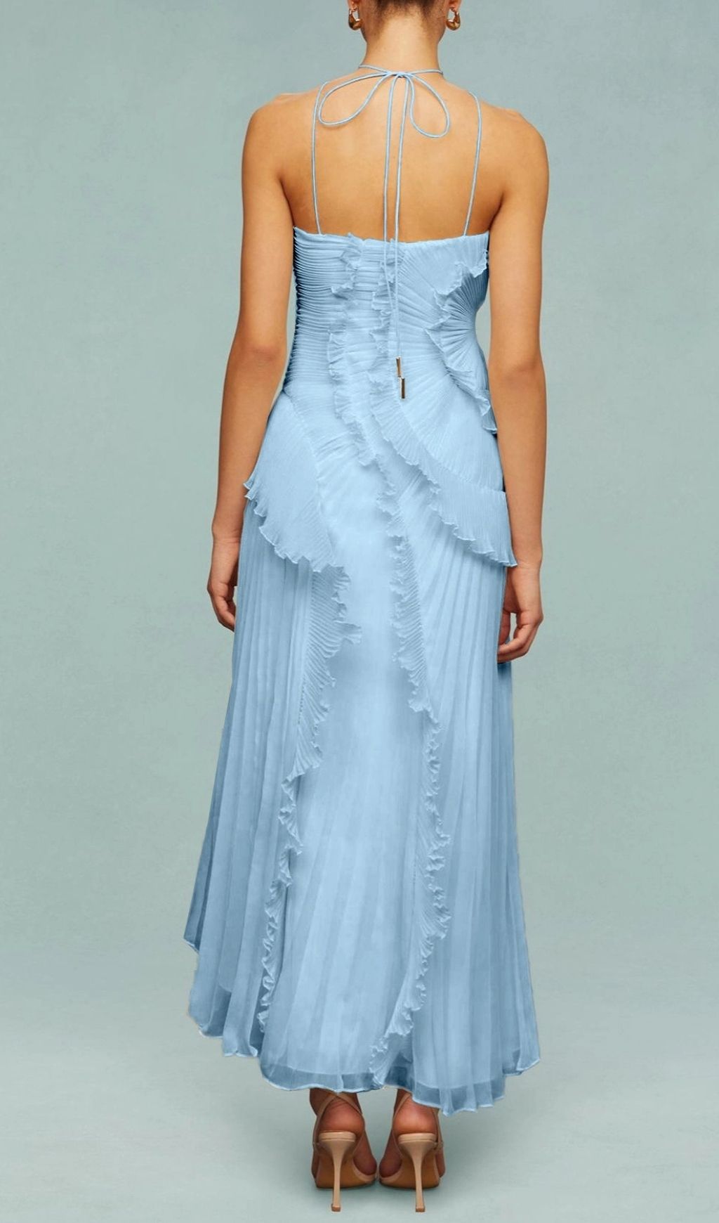 Finneas Blue Halter Ruffle Pleated Maxi Dress - Elegant Wedding Guest & Resort Wear