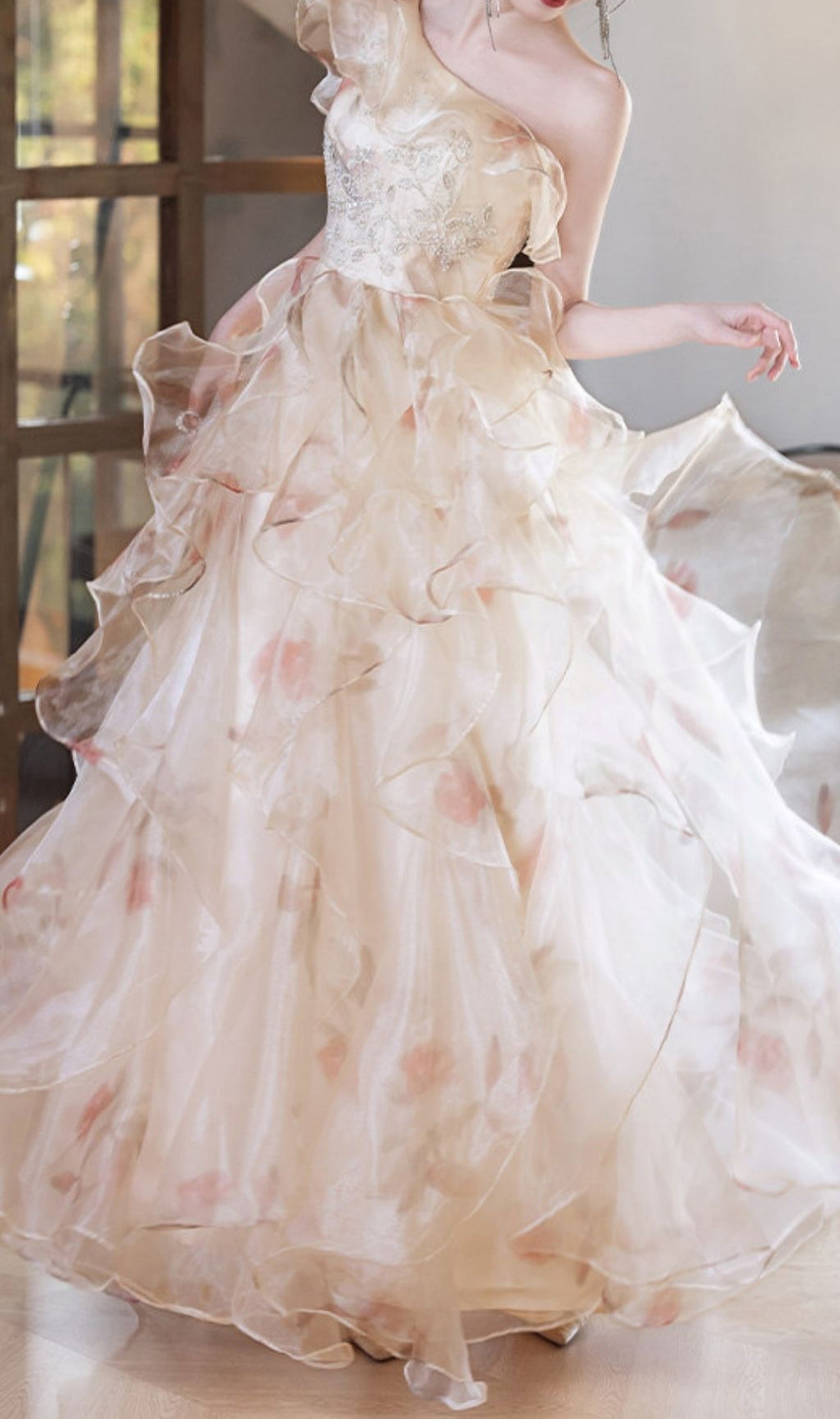 Keelty Opulent One-Shoulder Ruffle Maxi Gown - Enchanting Floral Elegance