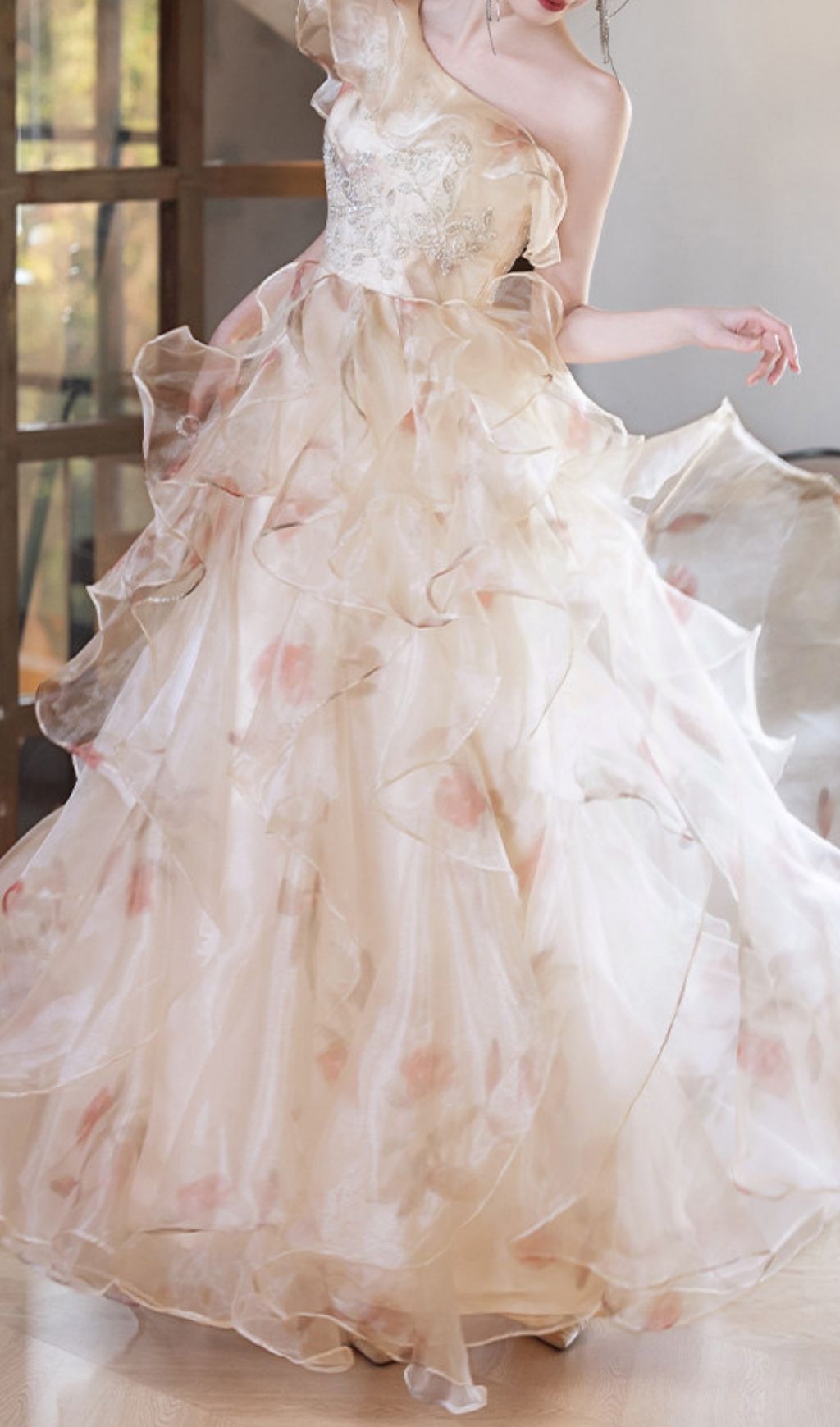 Keelty Opulent One-Shoulder Ruffle Maxi Gown - Enchanting Floral Elegance