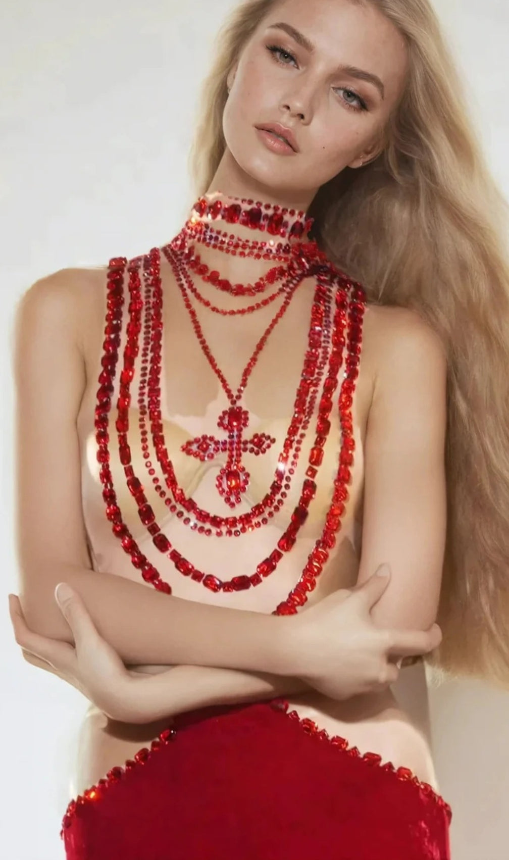 Shelyn Rhinestone Velvet Mermaid Maxi Dress In Red