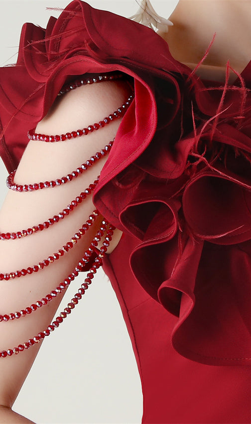 Showstopping Ijlal Red One-Shoulder Ruffle Gown with Beaded Detail & High Slit