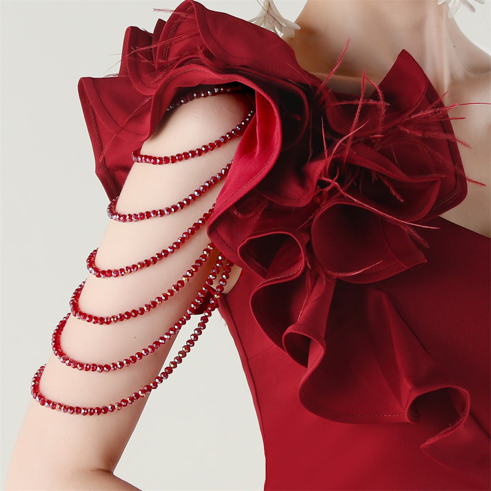 Showstopping Ijlal Red One-Shoulder Ruffle Gown with Beaded Detail & High Slit