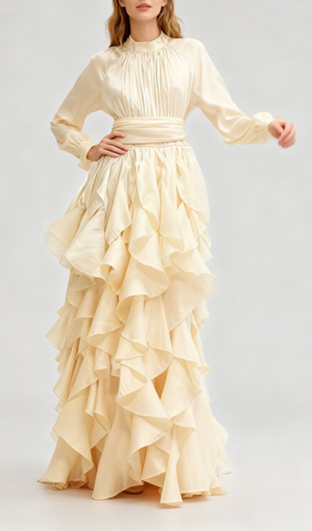 Joop Romantic Ruffle Maxi Dress - Elegant Long Sleeve Gown