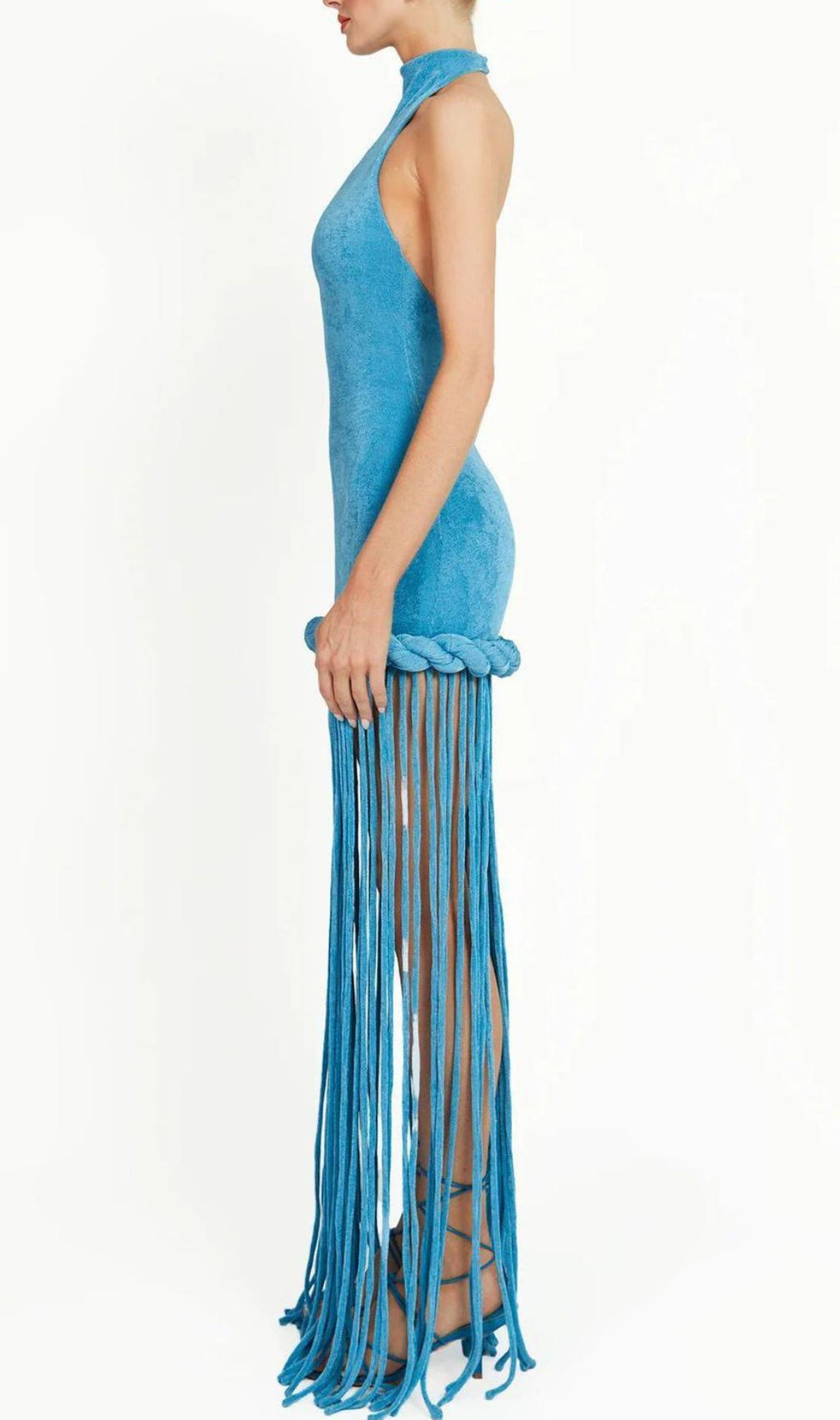 Jamie Dazzling Blue Velvet Halter Fringe Maxi Dress