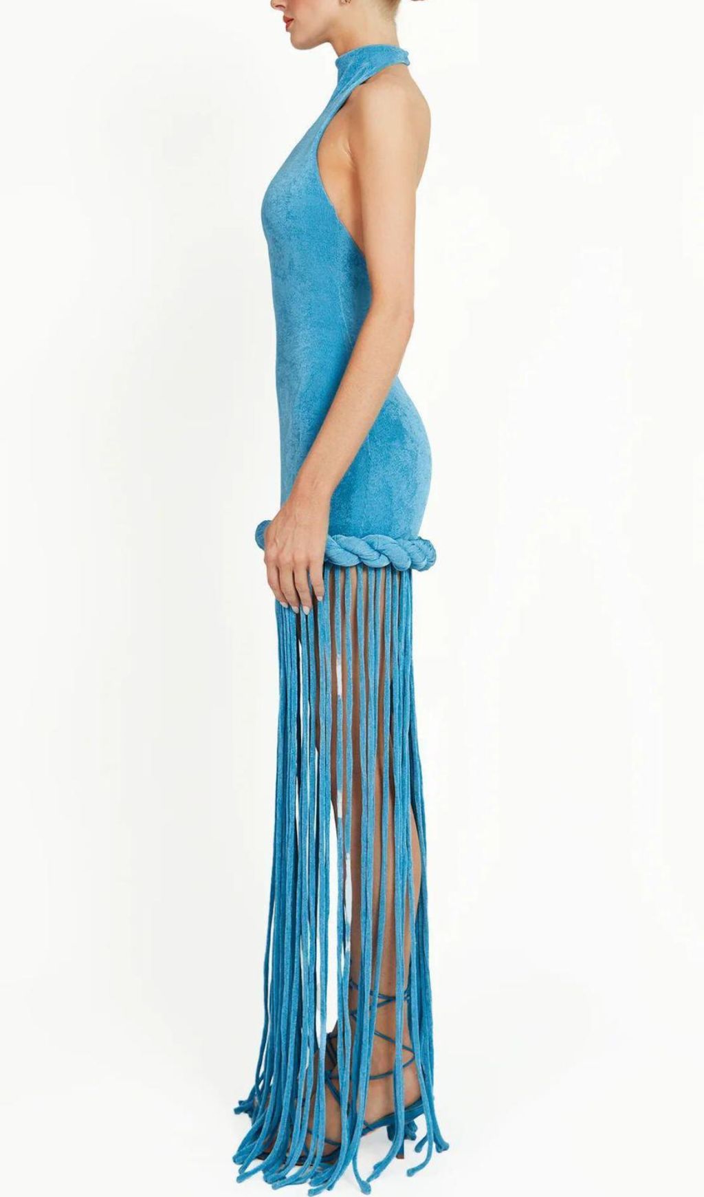 Jamie Dazzling Blue Velvet Halter Fringe Maxi Dress