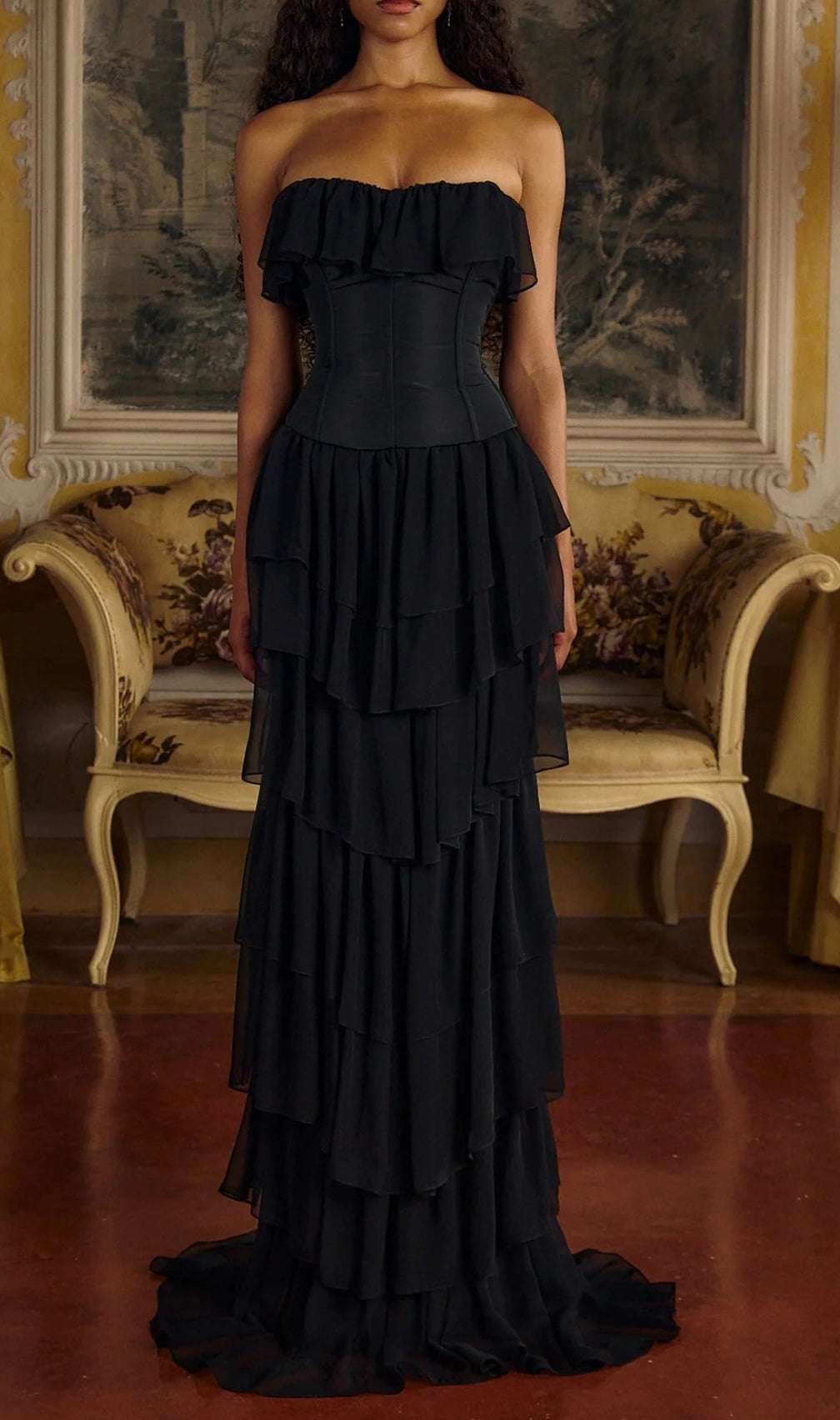 Angelie Black Ruffle Corset Maxi Dress