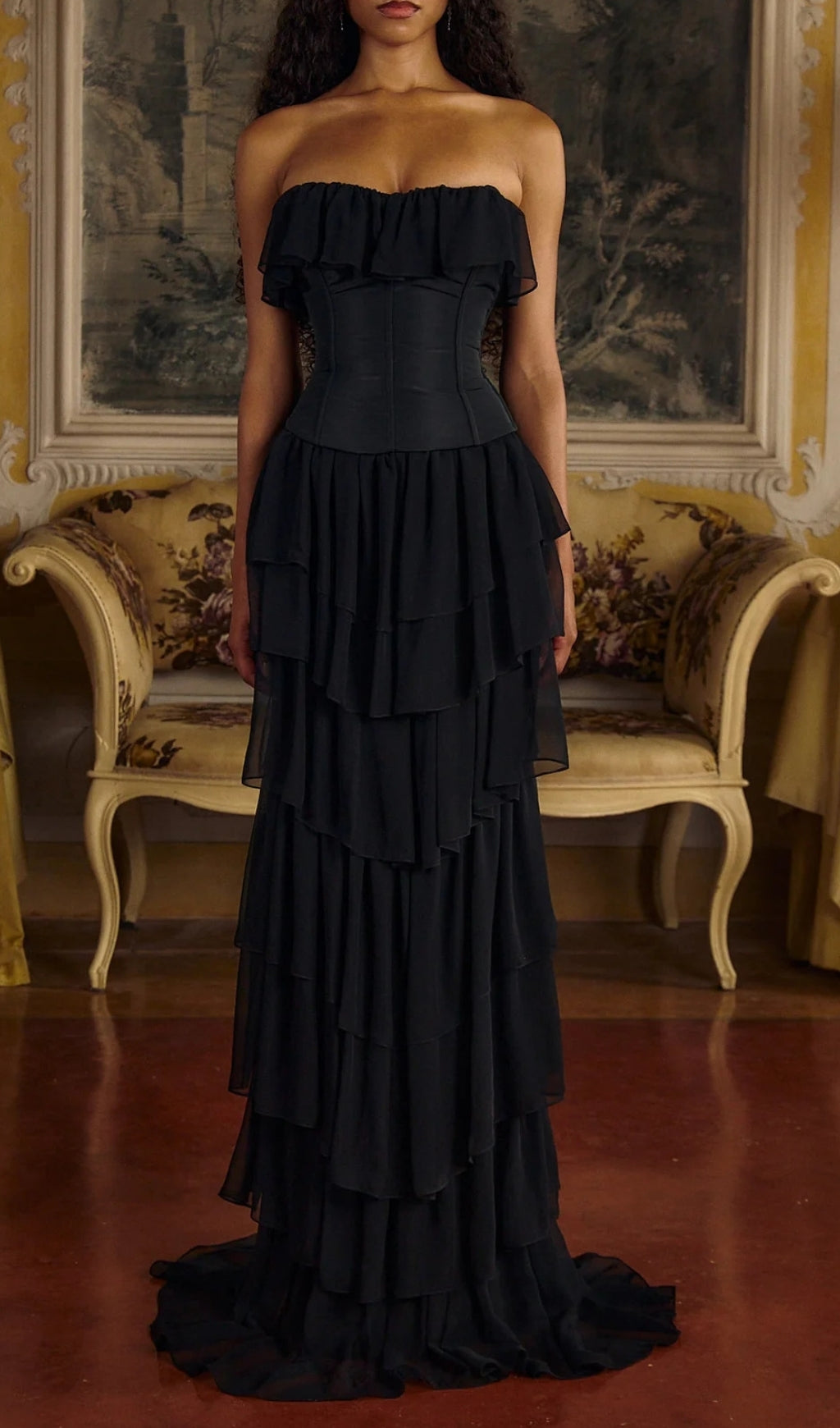 Angelie Black Ruffle Corset Maxi Dress