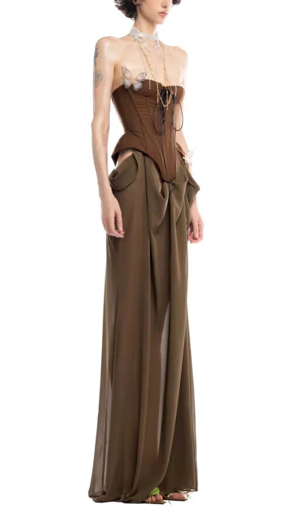 Edna Brown Strapless Corset Maxi Dress