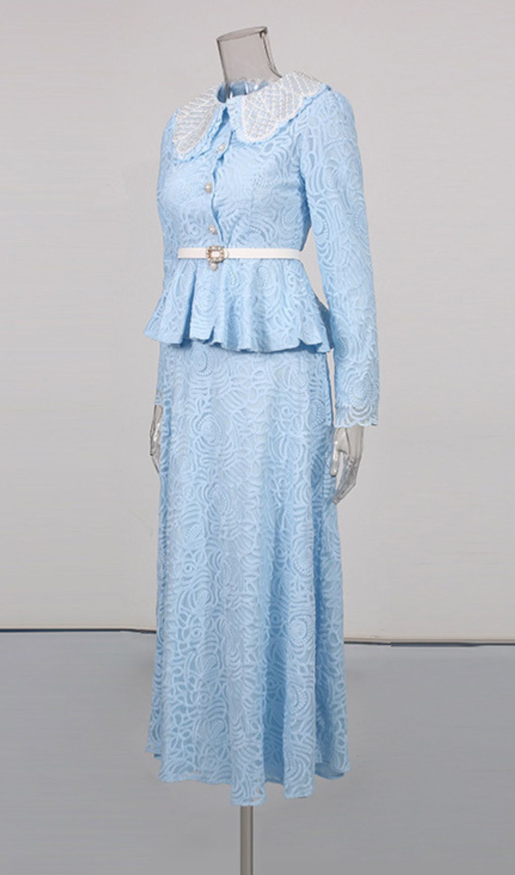 Ilona Blue Elegant Floral Lace Peplum Two-Piece Skirt Set