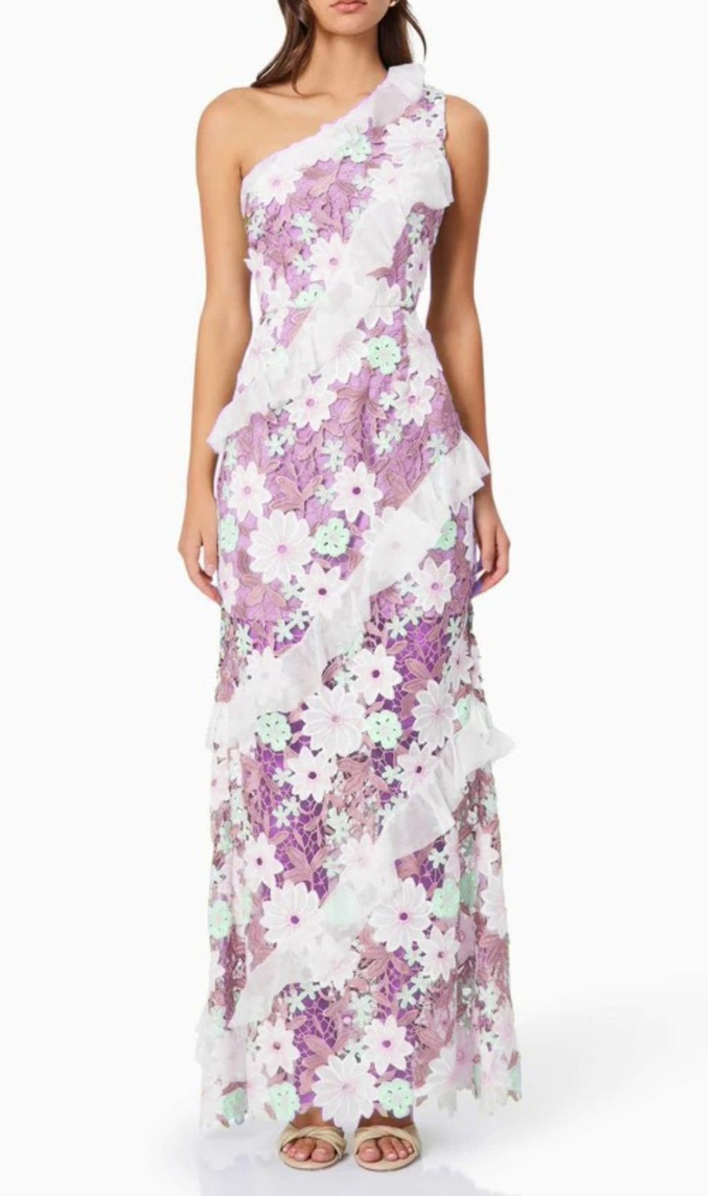Caden Purple Flower Embroidery One-Shoulder Maxi Dress