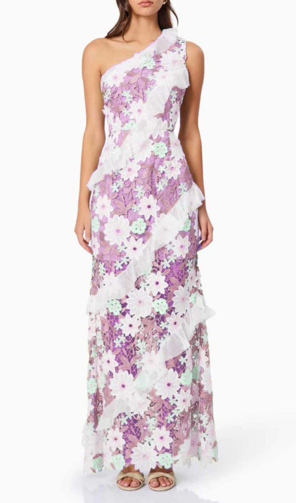 Caden Purple Flower Embroidery One-Shoulder Maxi Dress
