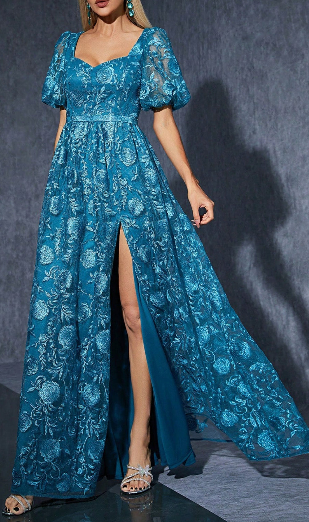 Dione Blue Puff Sleeve Flower Maxi Dress