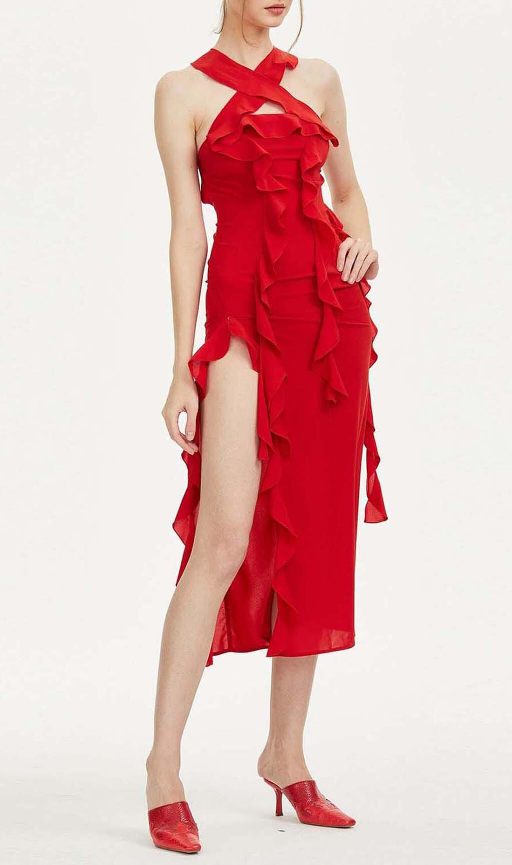 Strapless Ruffle Slit Midi Dress In Red