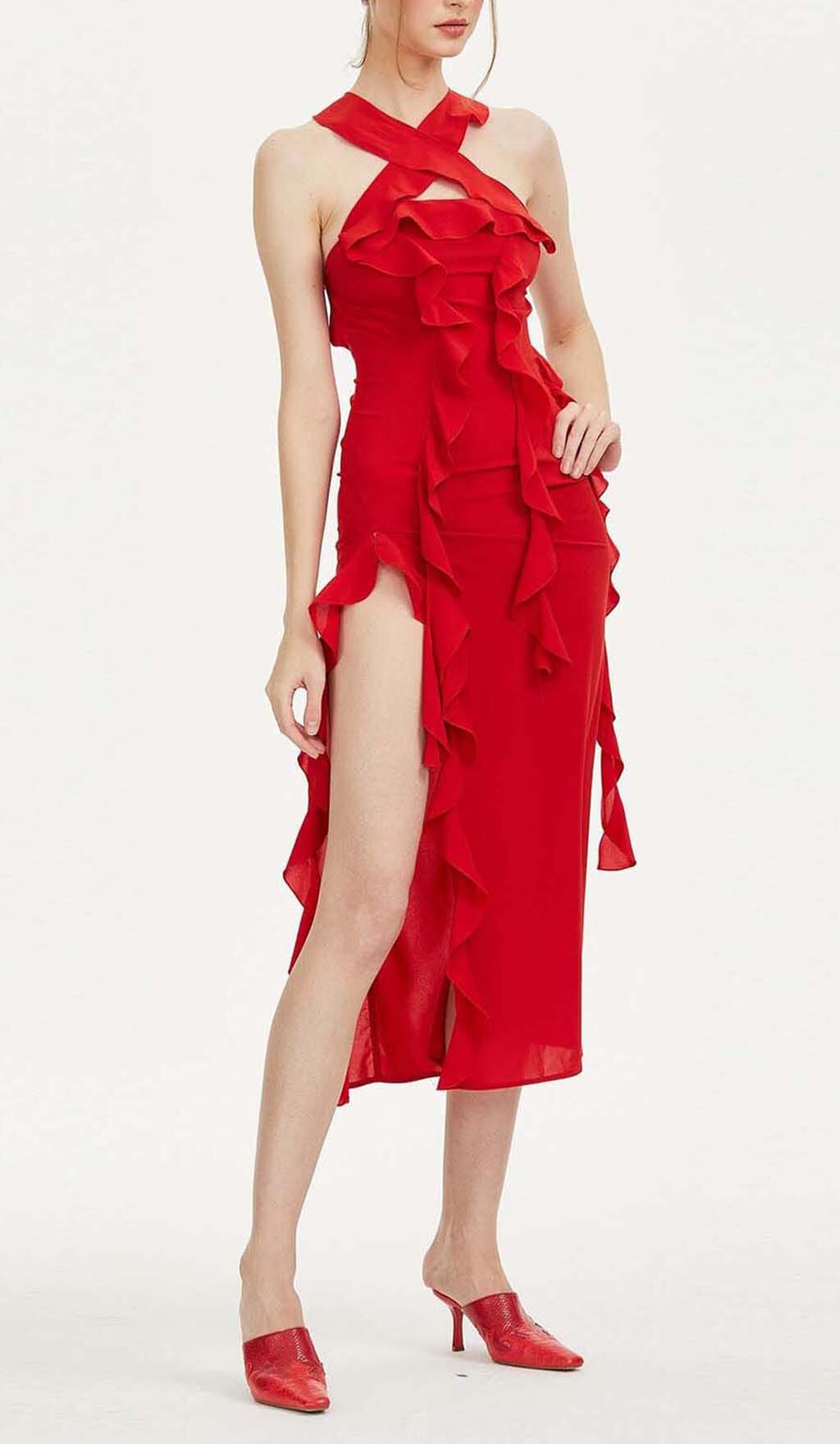 Strapless Ruffle Slit Midi Dress In Red
