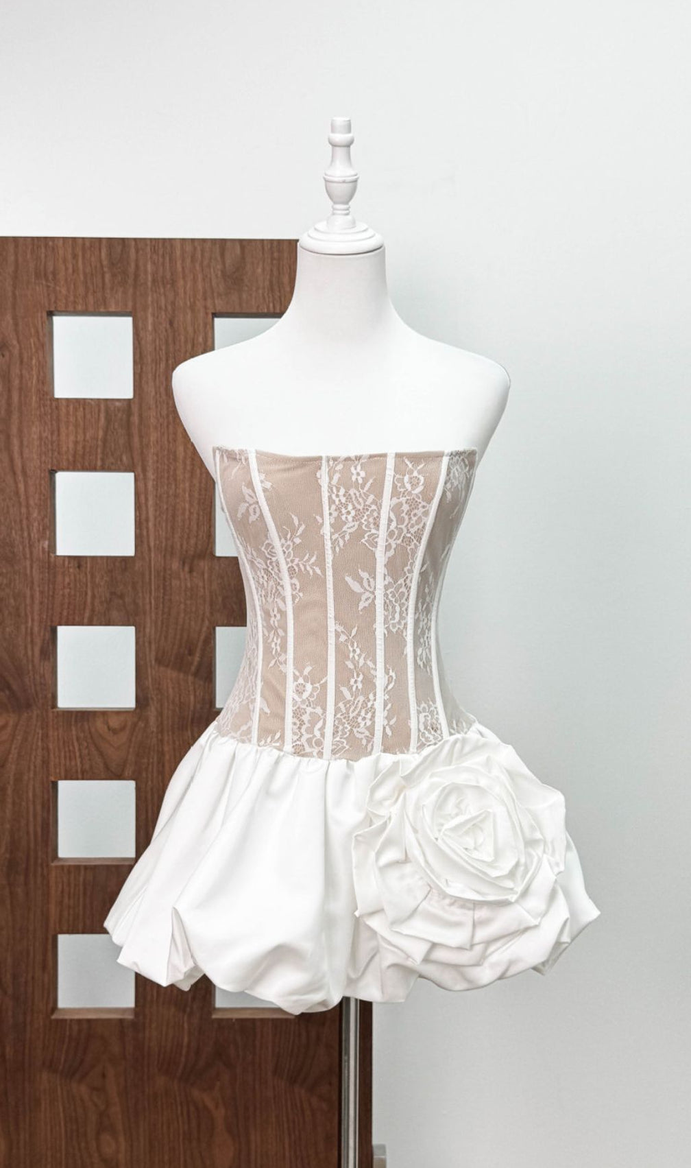Irene White Strapless Corset Mini Dress with Floral Bubble Skirt | Bridal & Party Perfect