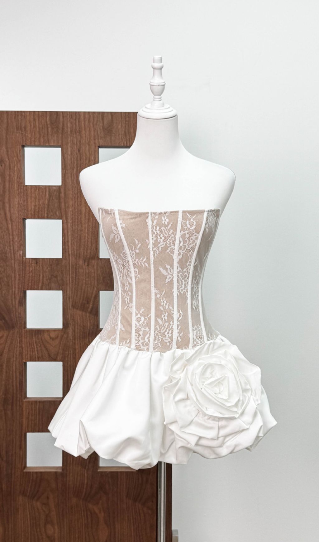 Irene White Strapless Corset Mini Dress with Floral Bubble Skirt | Bridal & Party Perfect