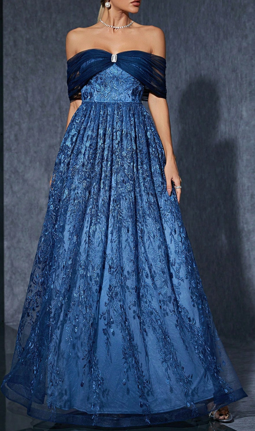 Dionne Navy Off-Shoulder Floral Embroidery Maxi Dress