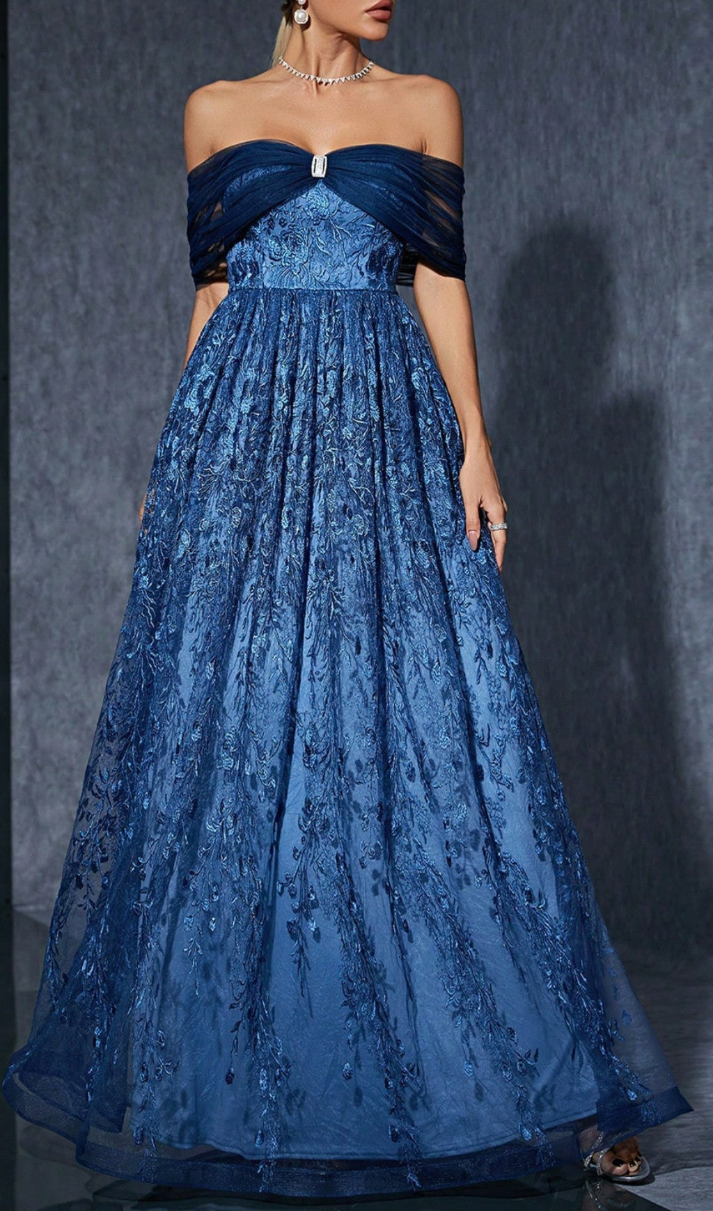 Dionne Navy Off-Shoulder Floral Embroidery Maxi Dress