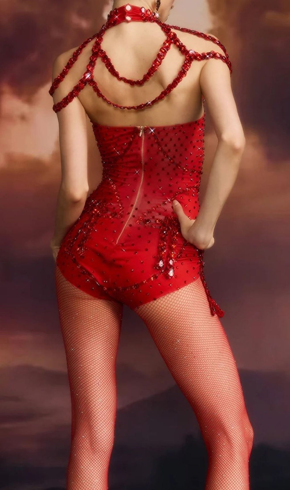 Balthion Dazzling Red Crystal High-Neck Bodysuit – Showstopping Glamour