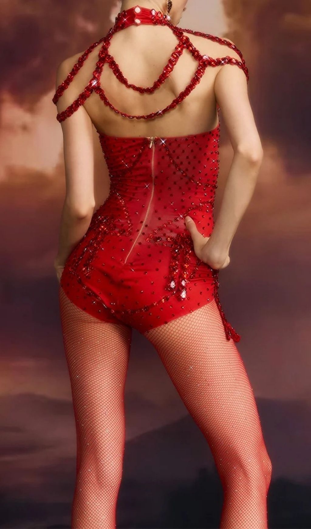 Balthion Dazzling Red Crystal High-Neck Bodysuit – Showstopping Glamour