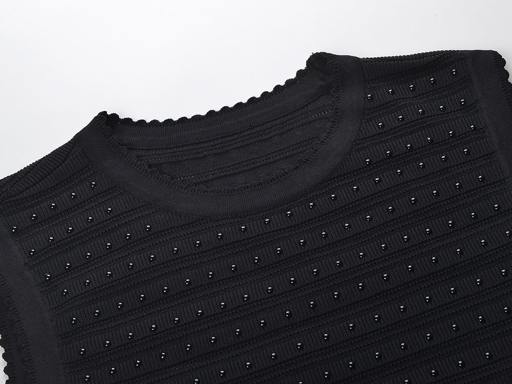 Chic Studded Knit Midi Dress | Black Sleeveless Flounce Hem