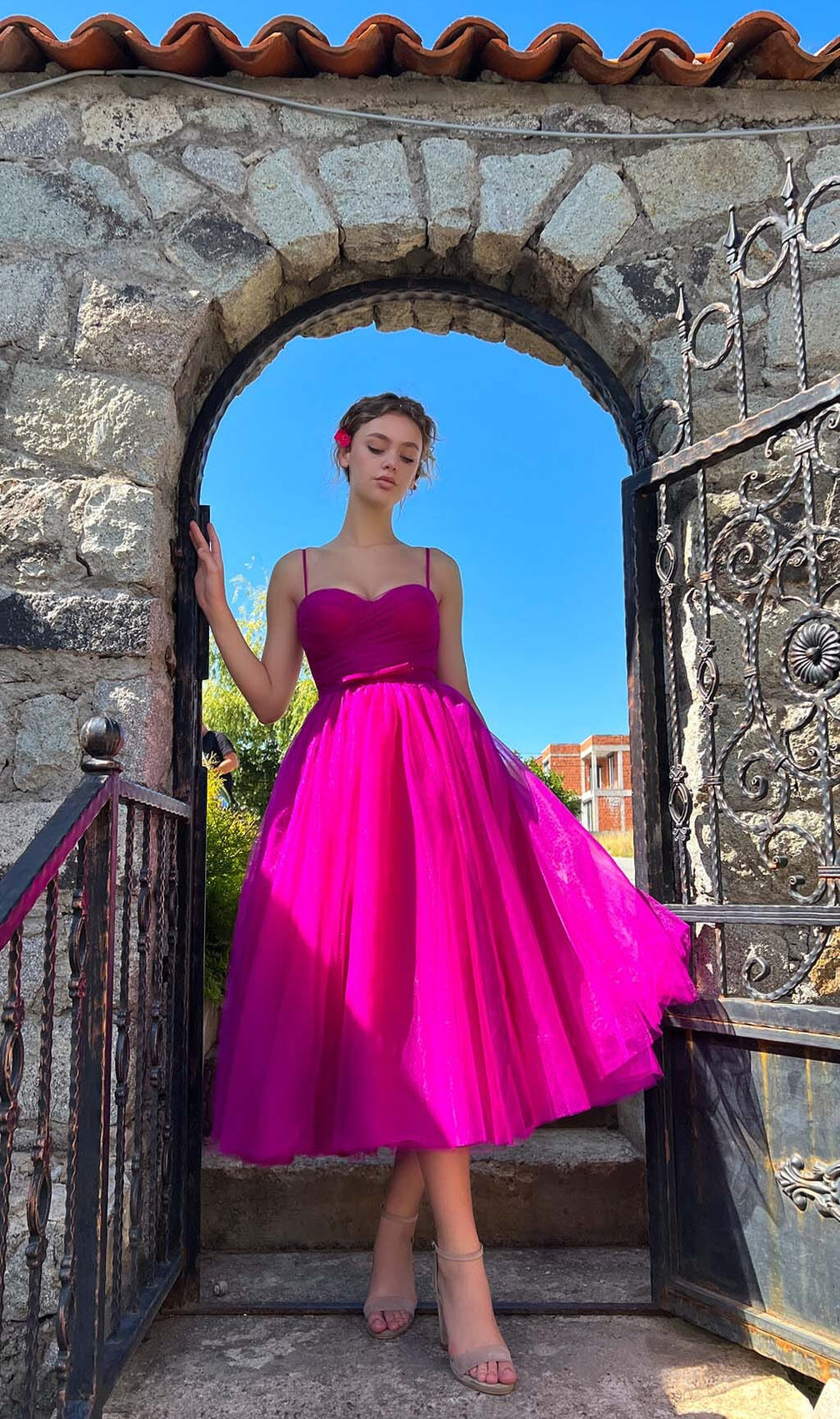 Pleats Spaghetti Straps Midi Dress In Hot Pink