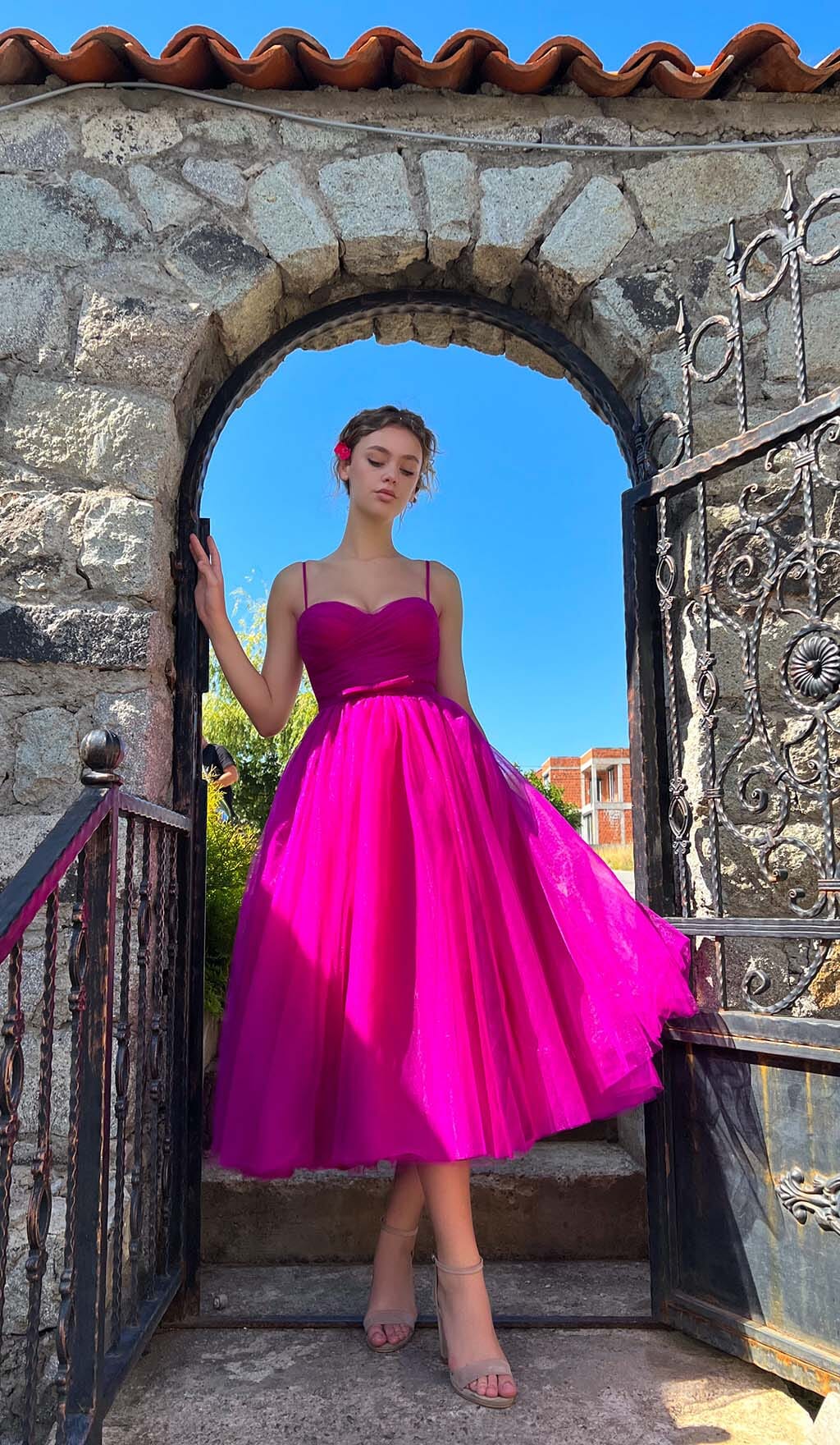 Pleats Spaghetti Straps Midi Dress In Hot Pink