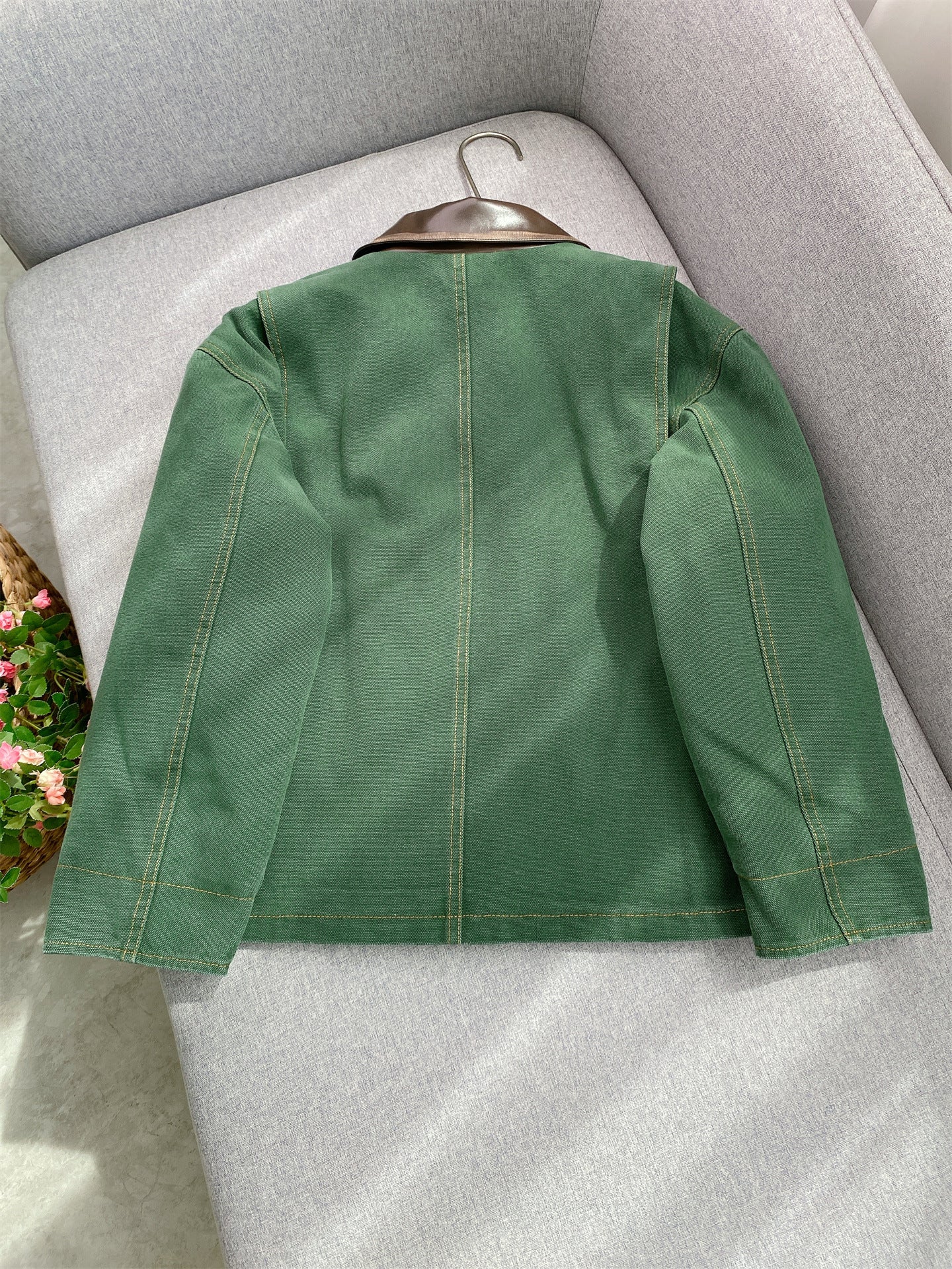 Women's Chic Green Workwear Jacket with Contrast Leather Collar