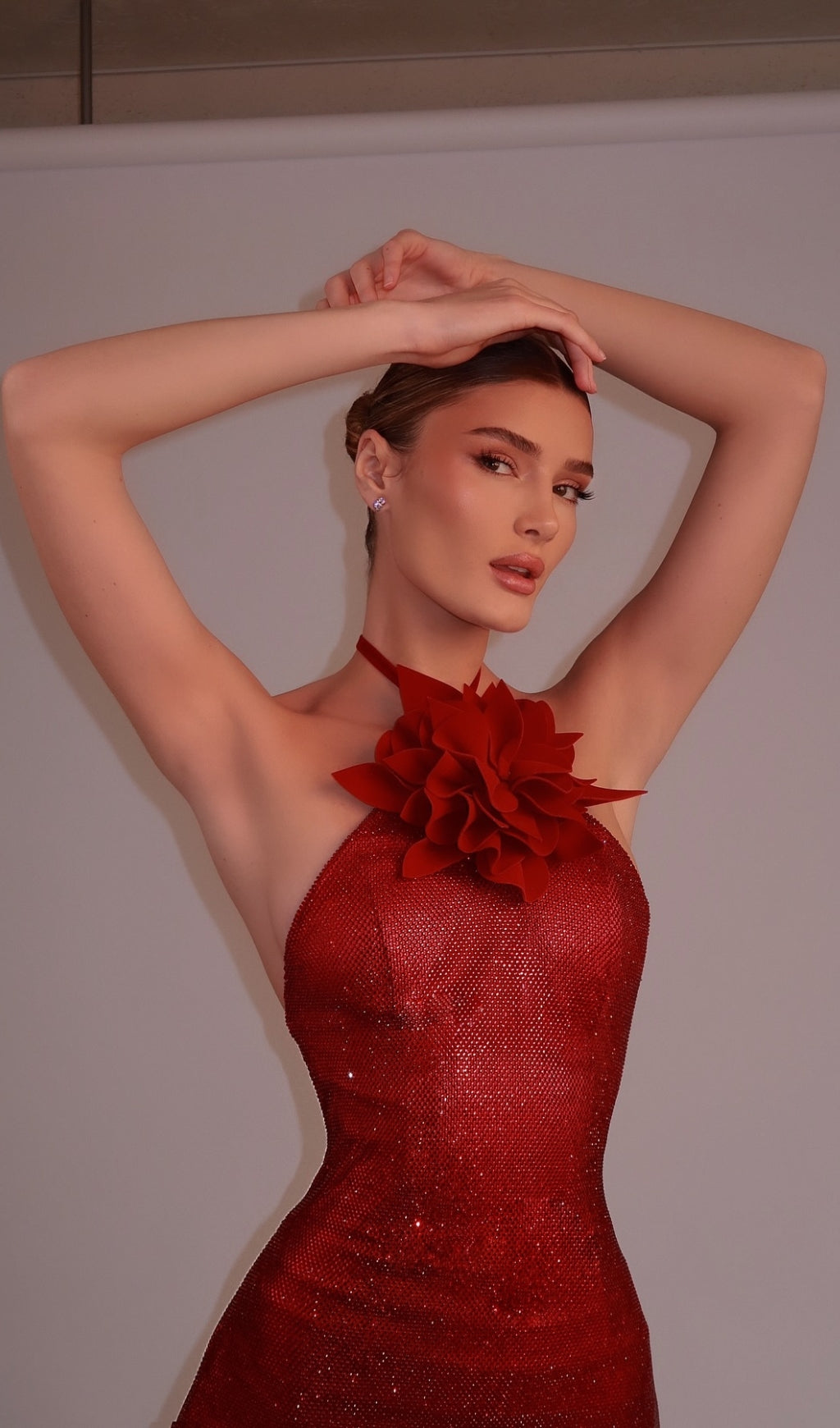 Deimena Red Flower Halter Crystal Maxi Dress