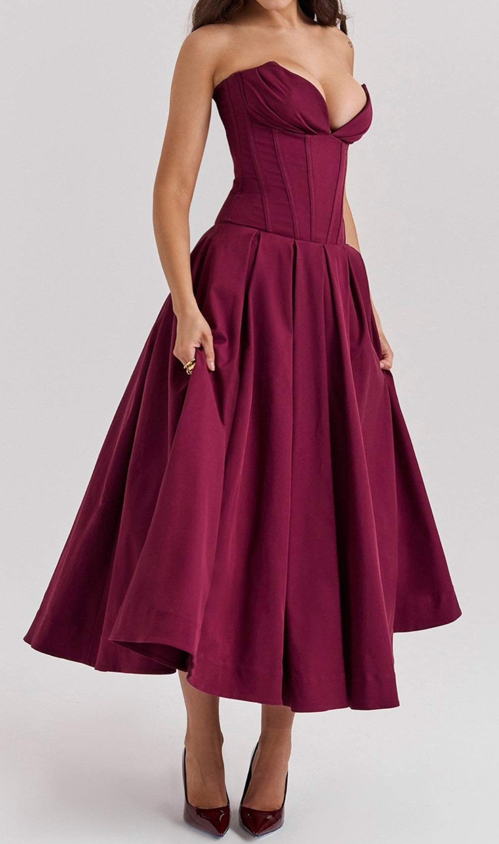 Devani Wine Strapless Corset Midi Dress