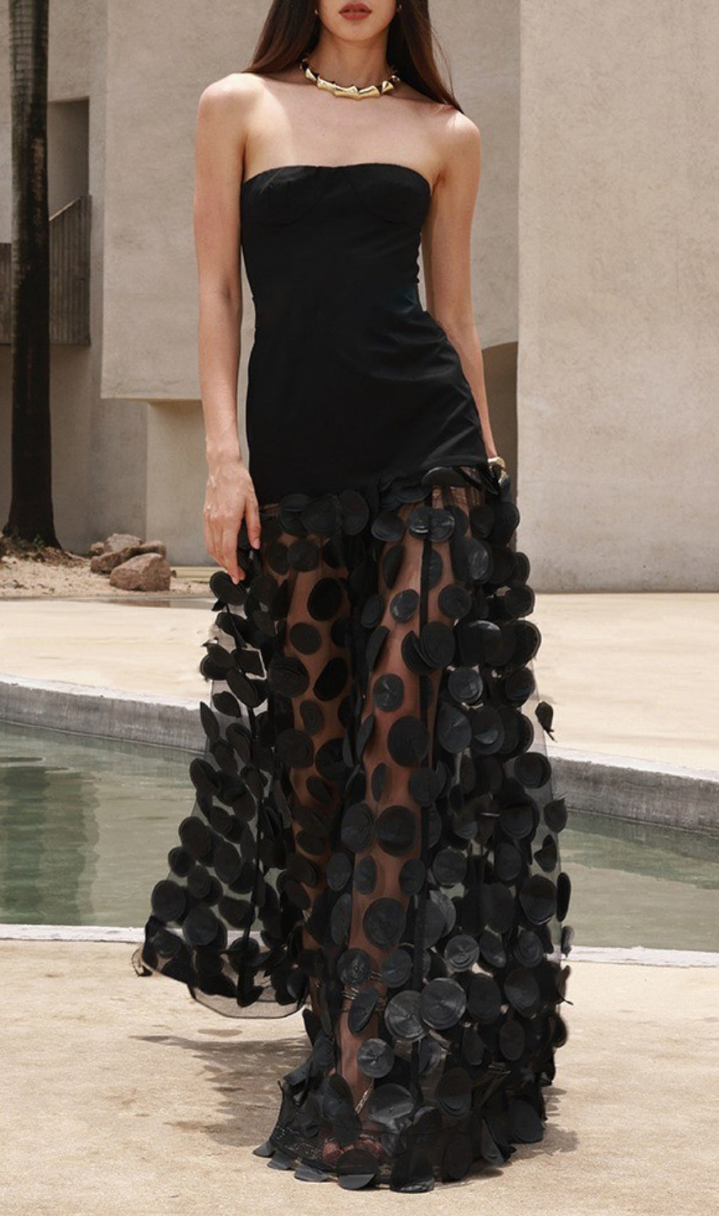 Duffy Black Strapless Mesh Dot Maxi Dress