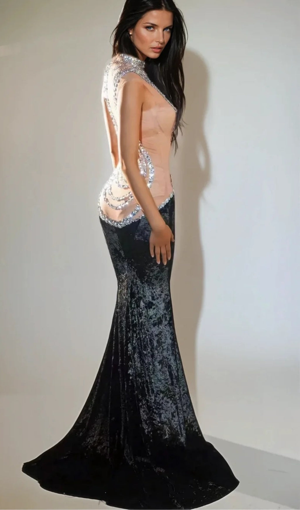 Shelyn Rhinestone Velvet Mermaid Maxi Dress In Black