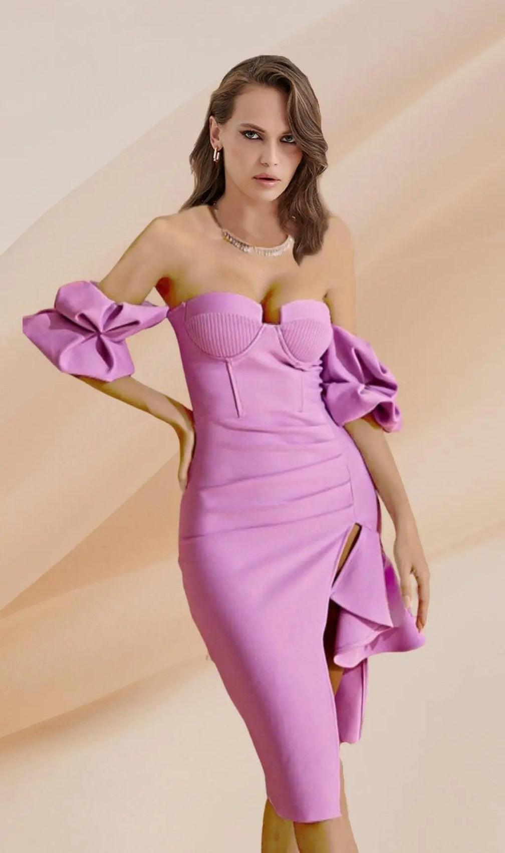 Strapless Draped Sleeve Slits Bandage Midi Dress