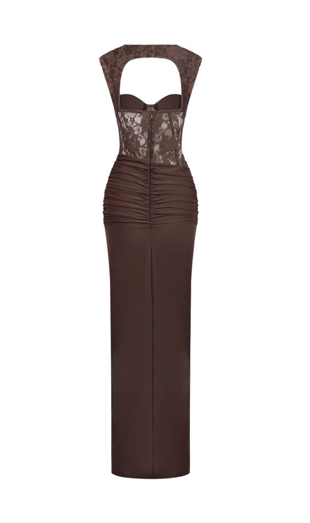 Keegan Elegant Brown Lace Ruched Maxi Dress
