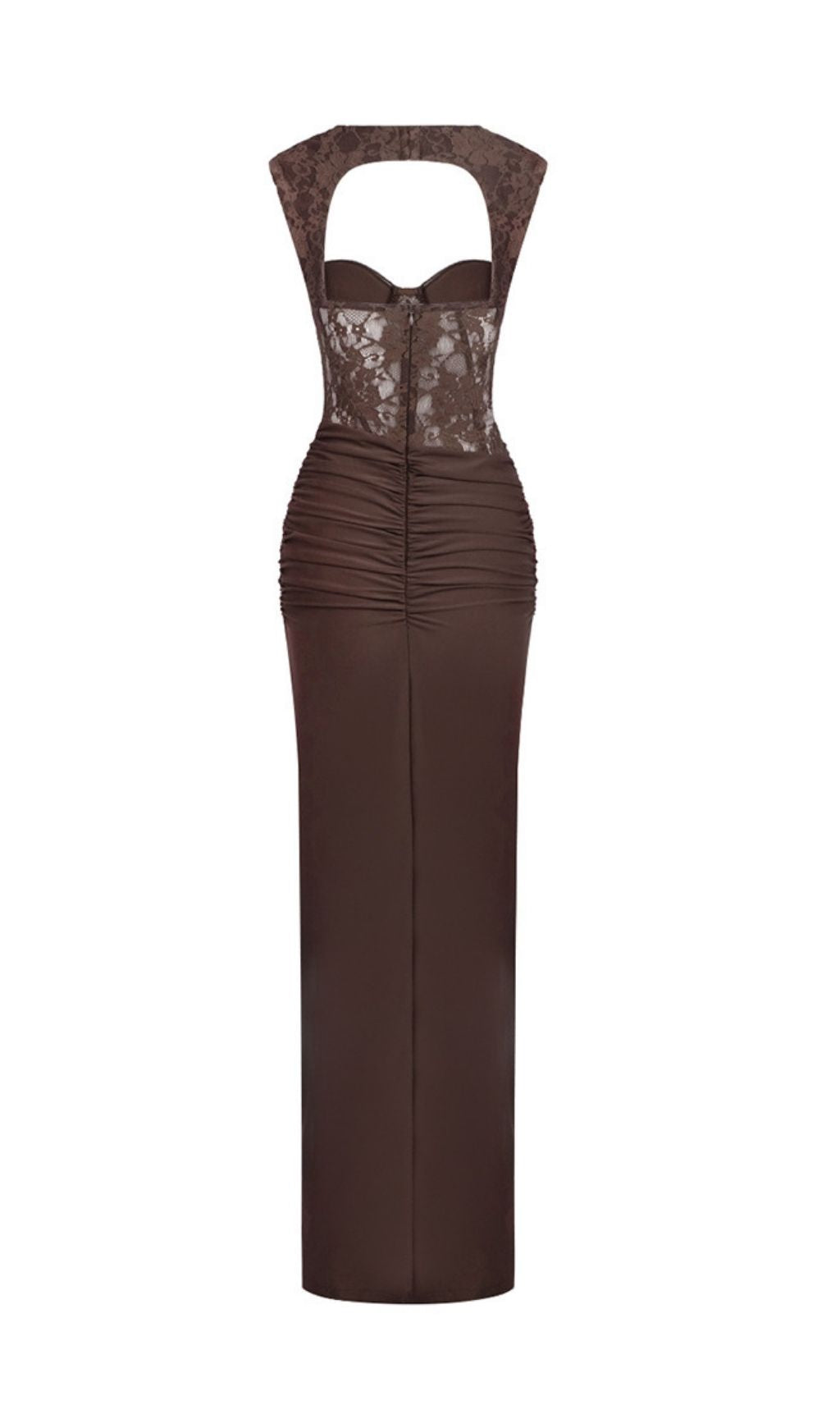 Keegan Elegant Brown Lace Ruched Maxi Dress