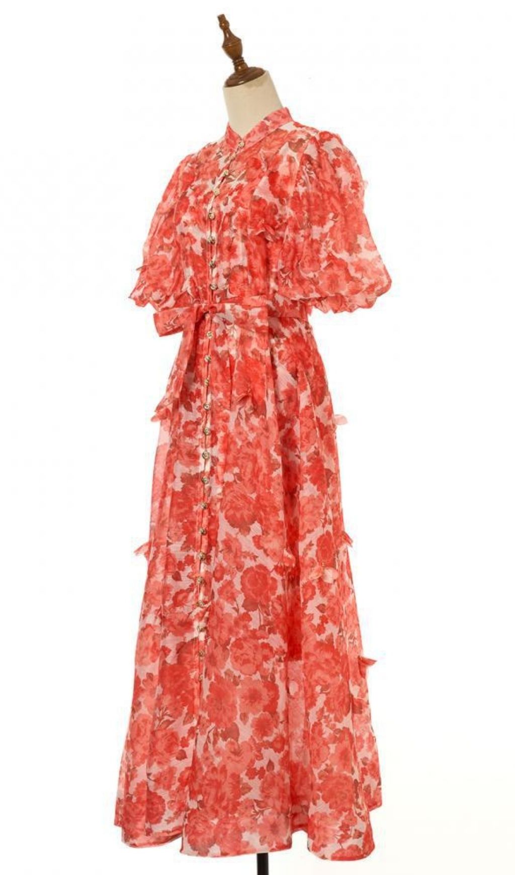 Karmela Romantic Floral Puff-Sleeve Maxi Dress - Elegant Button-Front Gown