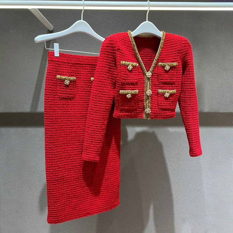 Allura Red Knit V-Neck Cardigan Set - Chic & Cozy for Her