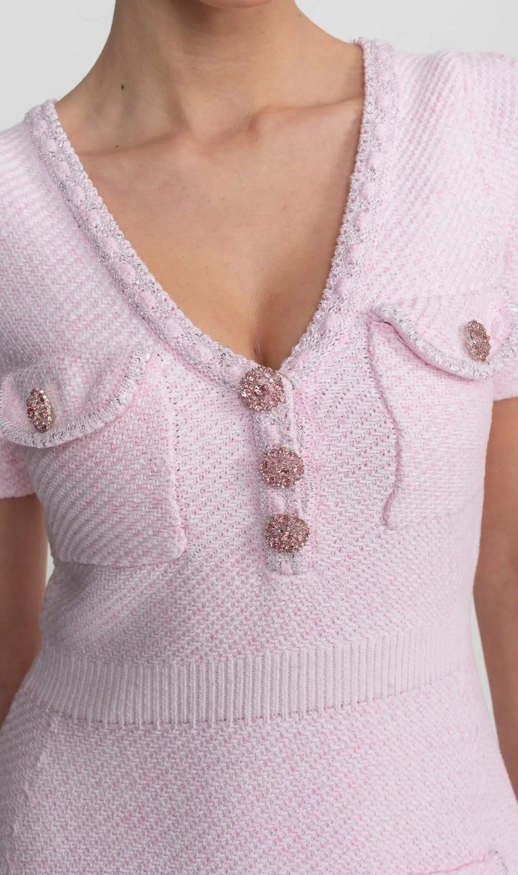 Sandra Textured Mini Dress With V-Neckline And Jewel Buttons - Pink