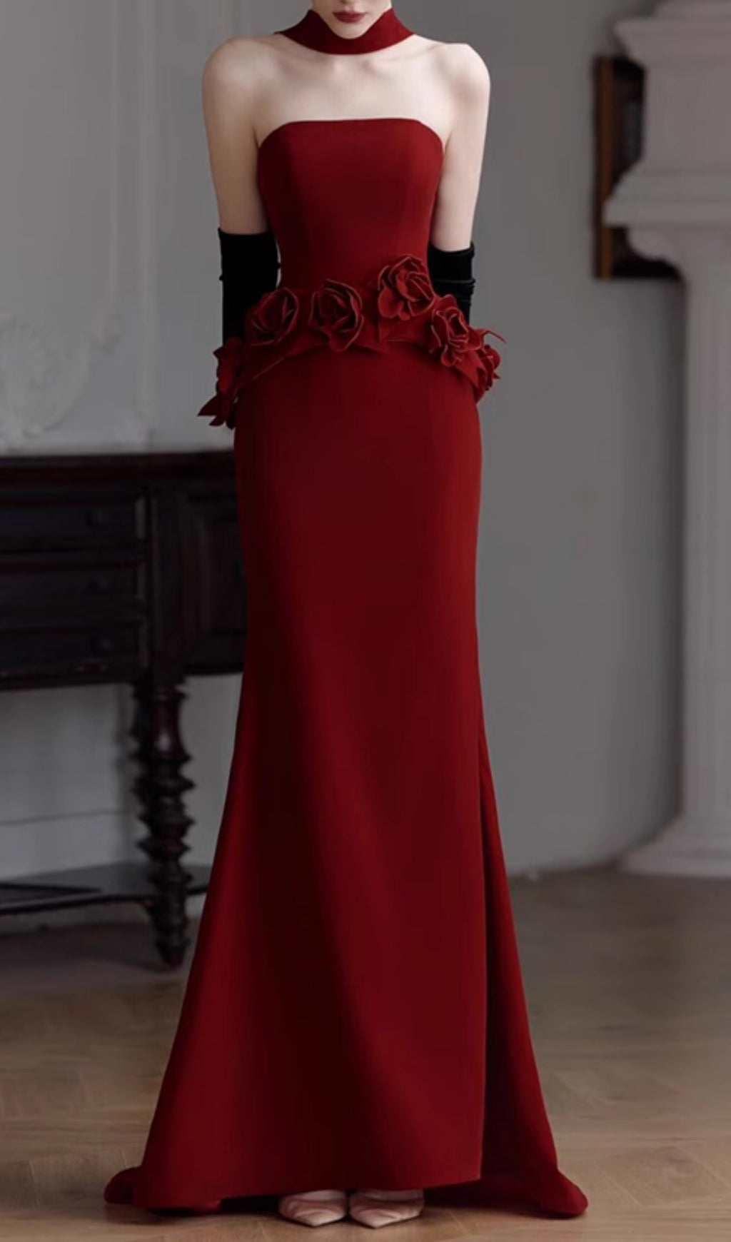 Edena Red Strapless Flower Maxi Dress