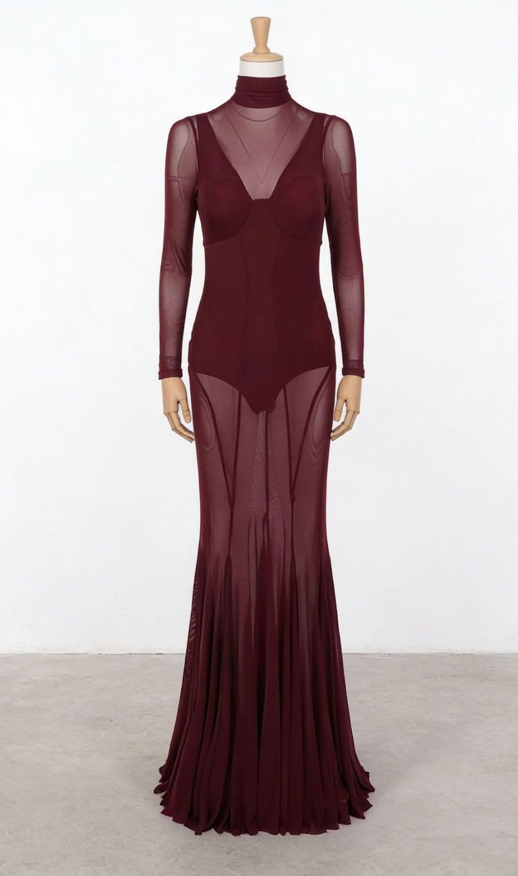 Kaylin Wine Mesh Illusion Long Sleeve Maxi Dress - Elegant Formal Gown