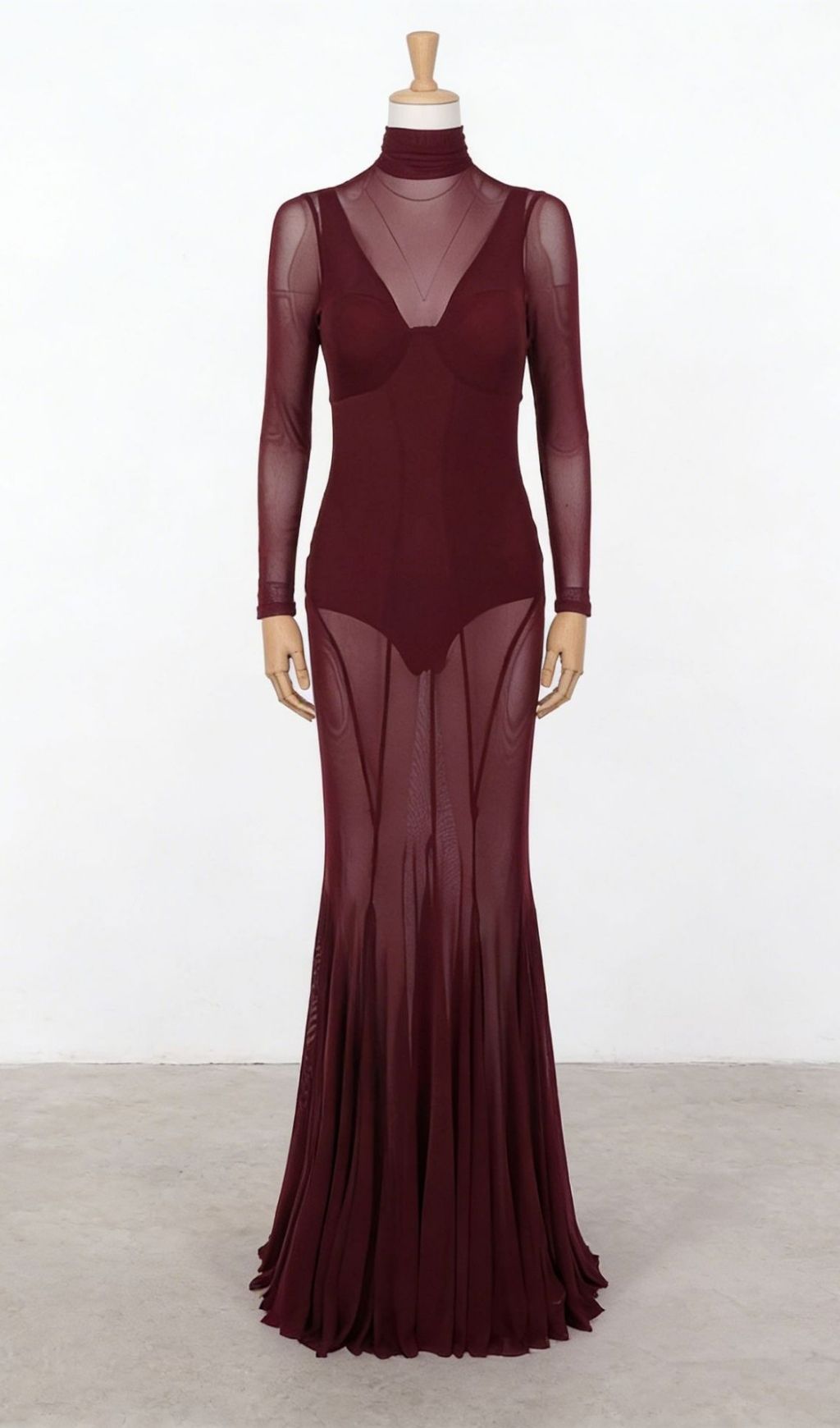 Kaylin Wine Mesh Illusion Long Sleeve Maxi Dress - Elegant Formal Gown
