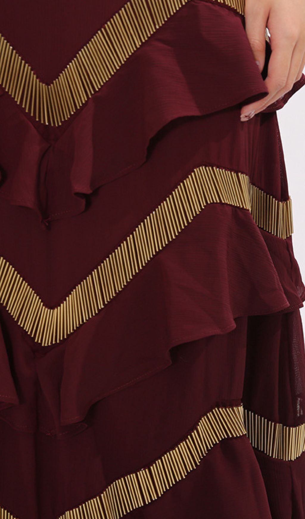 Jia Wine Red Halter Maxi Dress with Golden Chevron Ruffles