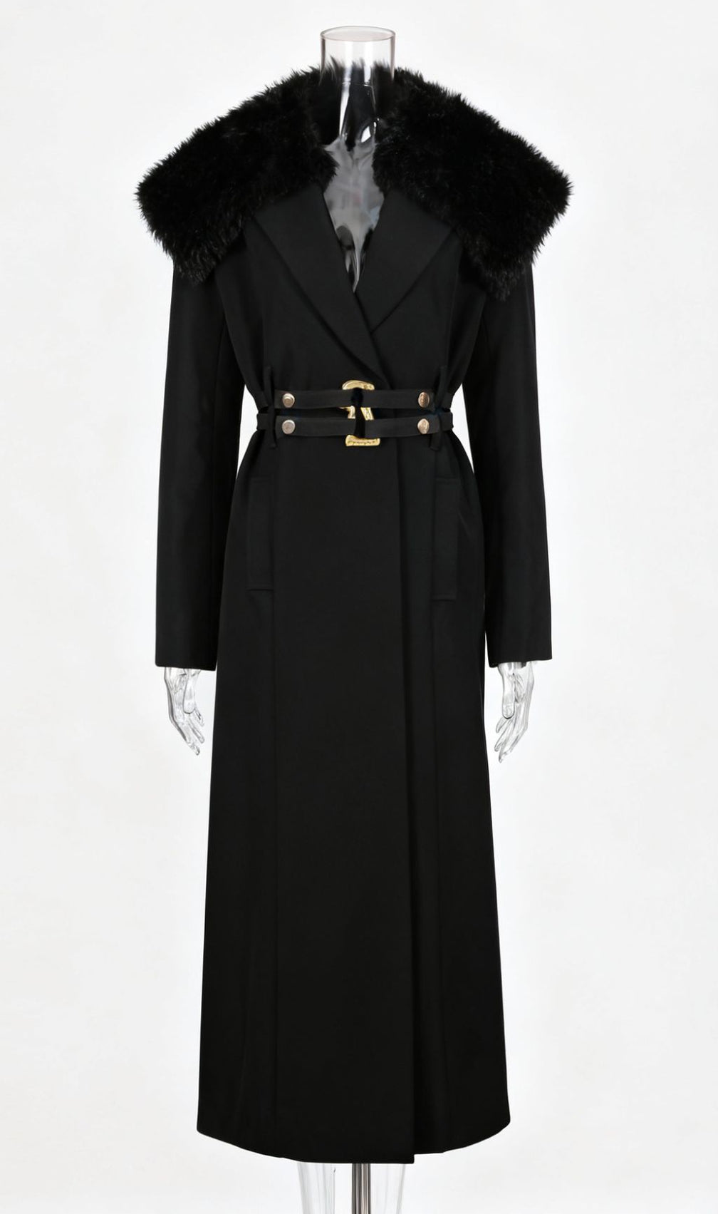 Ismail Luxe Black Fur Collar Coat: Elegant Winter Warmth with Gold Belt Detail