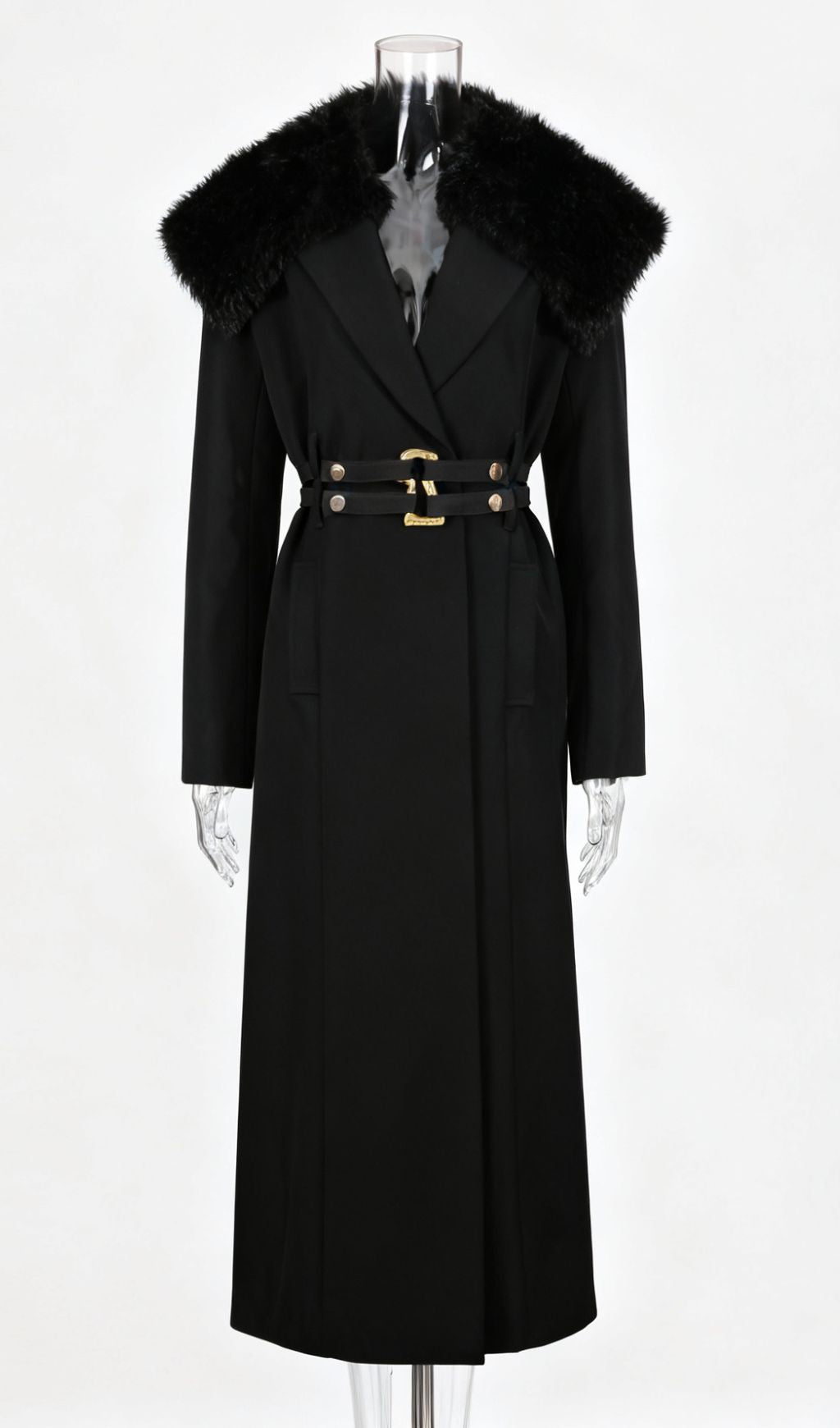 Ismail Luxe Black Fur Collar Coat: Elegant Winter Warmth with Gold Belt Detail