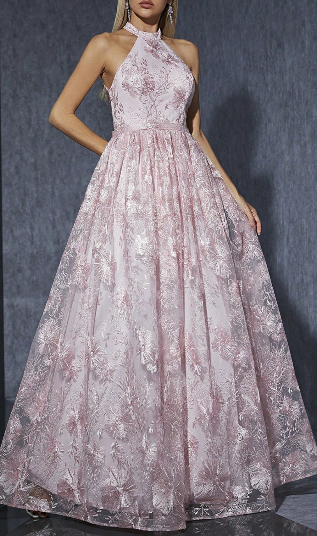 Dolores Pink Halter Embroidery Maxi Dress 