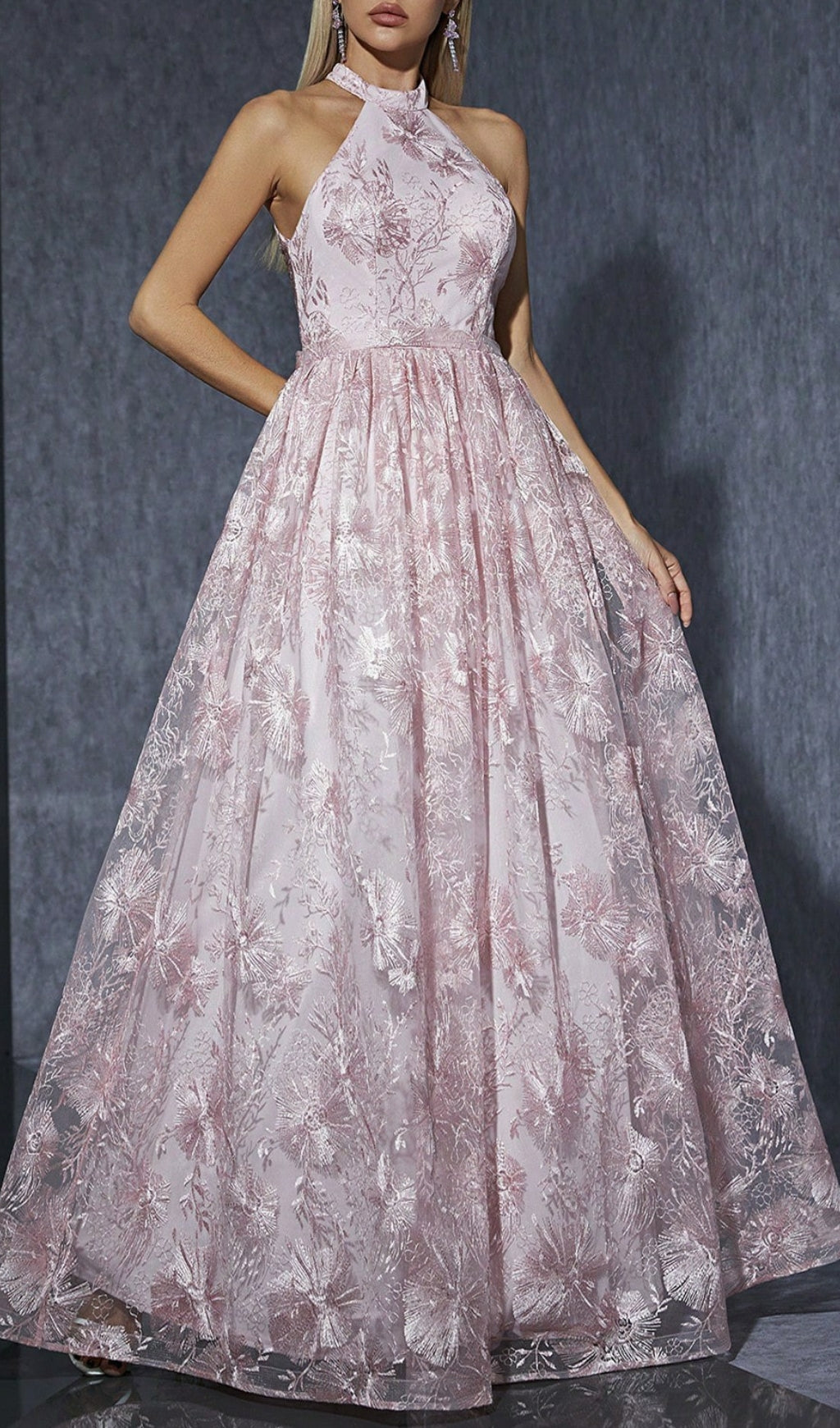 Dolores Pink Halter Embroidery Maxi Dress 