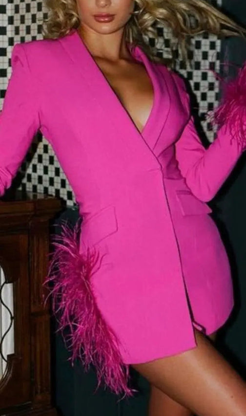 Feather Jacket Dress In Hyper Pink